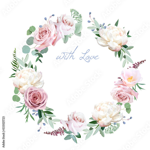 Dusty rose  peony  camellia  greenery selection vector design round invitation frame