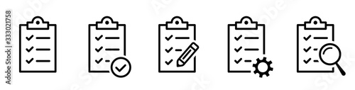 Clipboard icon. Checklist with gear, checkmarks, magnifier and pencil. Quality check line sign. Check List flat line icon. Form icon. Clipboard with gear technical support check list - stock vector. photo