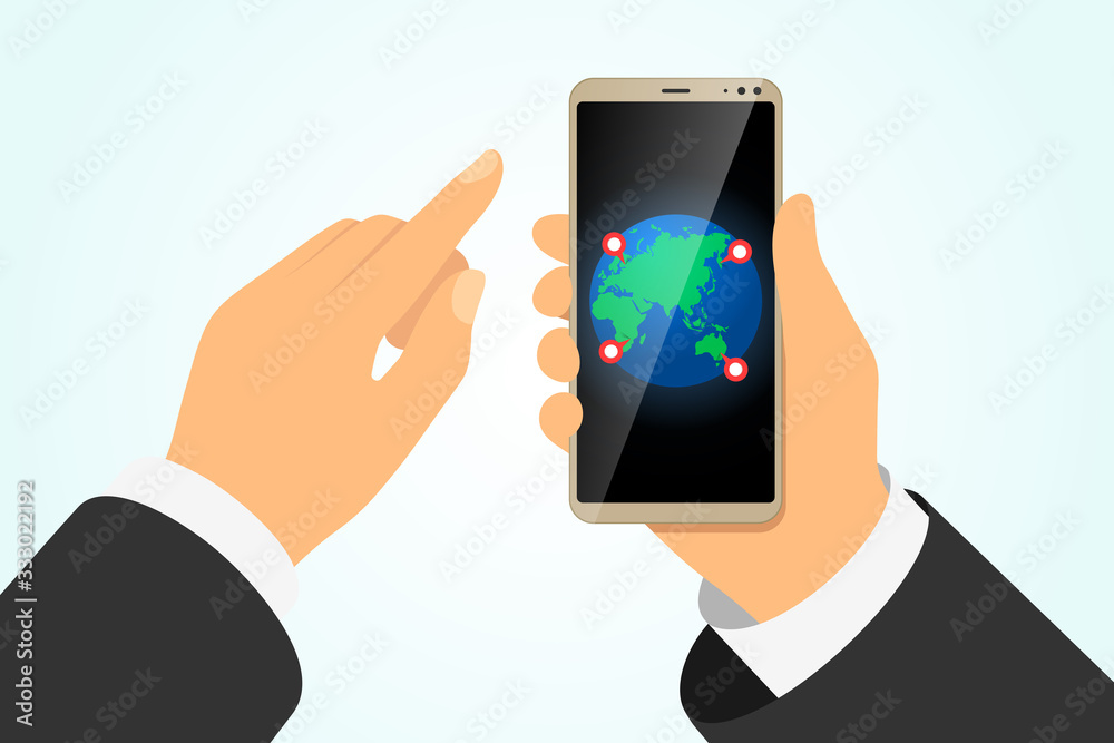 Hand holding smartphone with earth planet and gps location pin pointers on finger touching screen. Global online delivery or travelling service mobile navigation logistic app. Vector eps illustration Hand holding smartphone with earth planet and gps location pin pointers on finger touching screen. Global online delivery or travelling service mobile navigation logistic app. Vector eps illustration