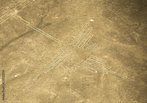 The hummingbird, one of the most famous Nazca Lines figures in the desert of Nazca, Peru, South America.