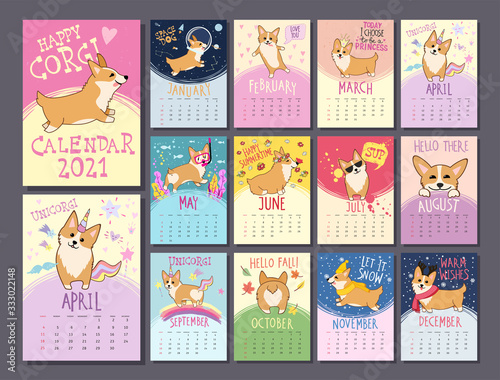 Monthly calendar template 2021 with cute Welsh Corgi dog characters