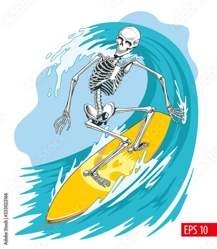 Skeleton surfer on the board ride the wave. Vector illustration.