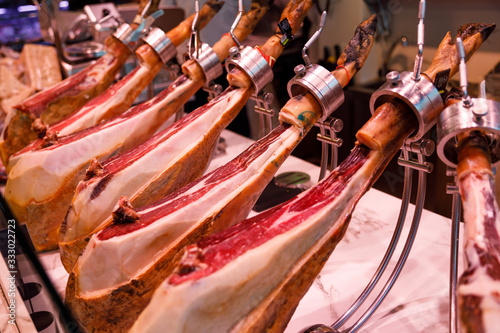 Famous ripened Spanish iberico ham in the Barcelona market