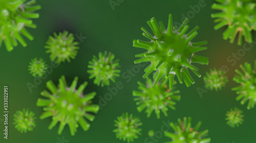 coronavirus or ncov2019 illustration which is caused deaths and lifestop around the world sourced from china on the green background,microcopic view of lots of  greenvirus photo
