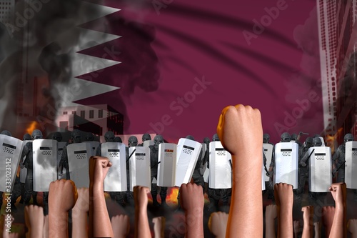 riot fighting concept - protest in Qatar on flag background, police swat stand against the angry crowd -  military 3D Illustration