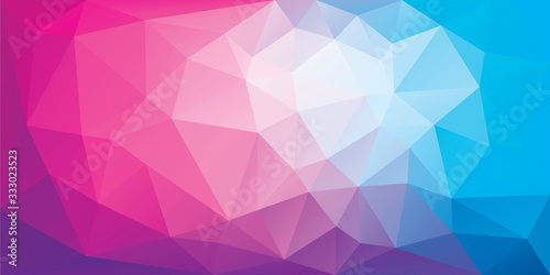 Polygonal background of triangles in pink and blue colors. Triangular banner template. Low poly mesh gradient in origami style. Vector eps8 illustration.