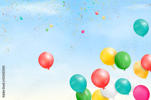 Flying bright Colorful Balloons with confetti  ribbon  serpentine in the blue sky party background. Festive birthday balloons background with space for text. vector illustration.