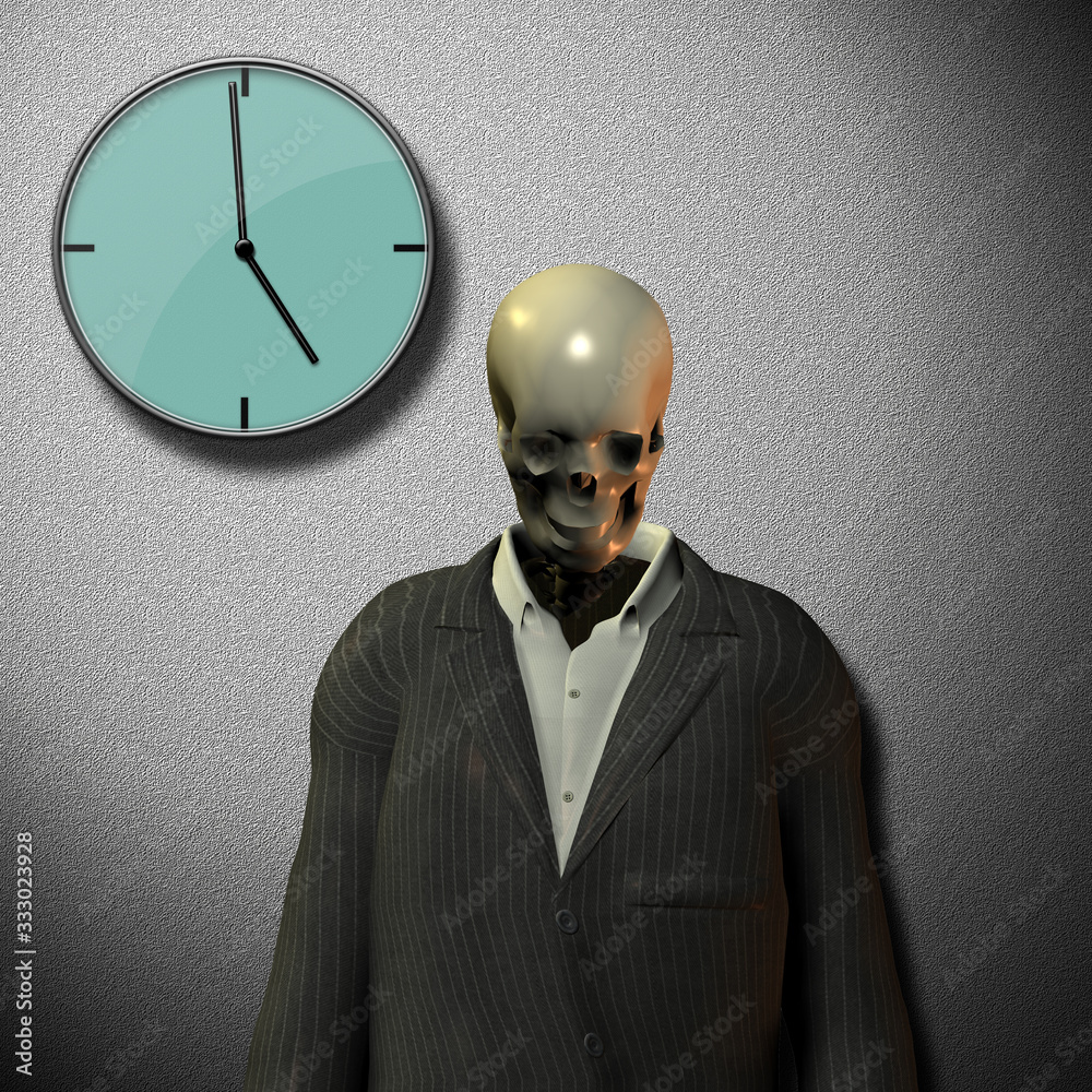 Ticking clock of life. Skeleton in suit Ticking clock of life. Skeleton in suit