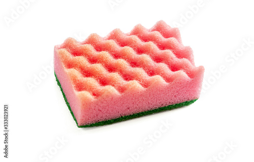 pink dishwashing sponge isolated on white