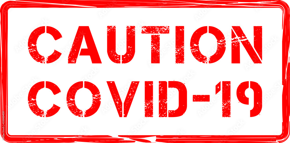 Caution Covid-19 warning red text. Trendy design element for prints, web pages, banners, posters and background Caution Covid-19 warning red text. Trendy design element for prints, web pages, banners, posters and background