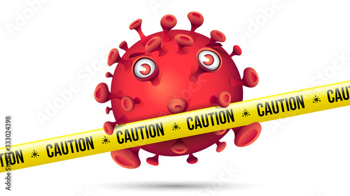Funny Red Virus Behind Yellow Security Tape - Caution