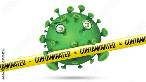Funny Green Virus Behind Yellow Security Tape - Contaminated