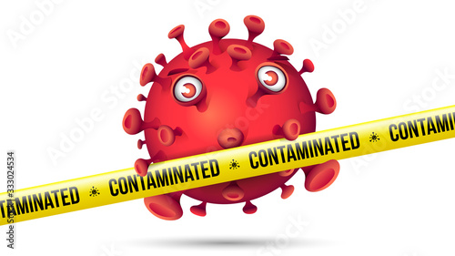 Funny Red Virus Behind Yellow Security Tape - Contaminated