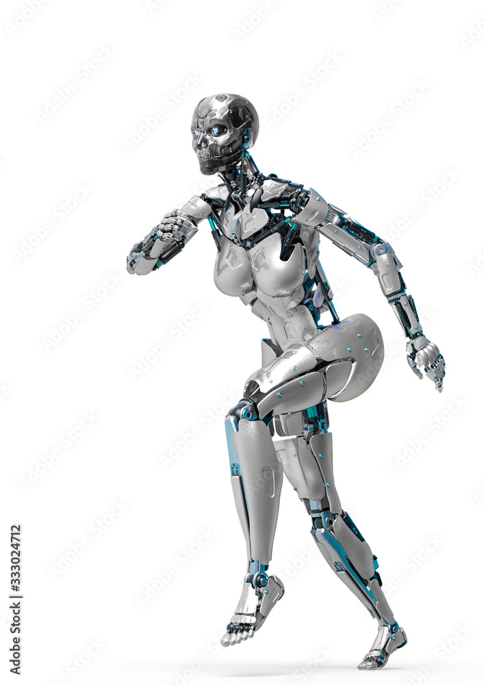 cyborg female walking in a white background