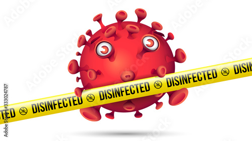 Funny Red Virus Behind Yellow Security Tape - Disinfected