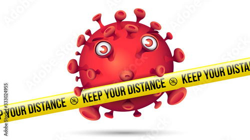 Funny Red Virus Behind Yellow Security Tape - Keep Your Distance