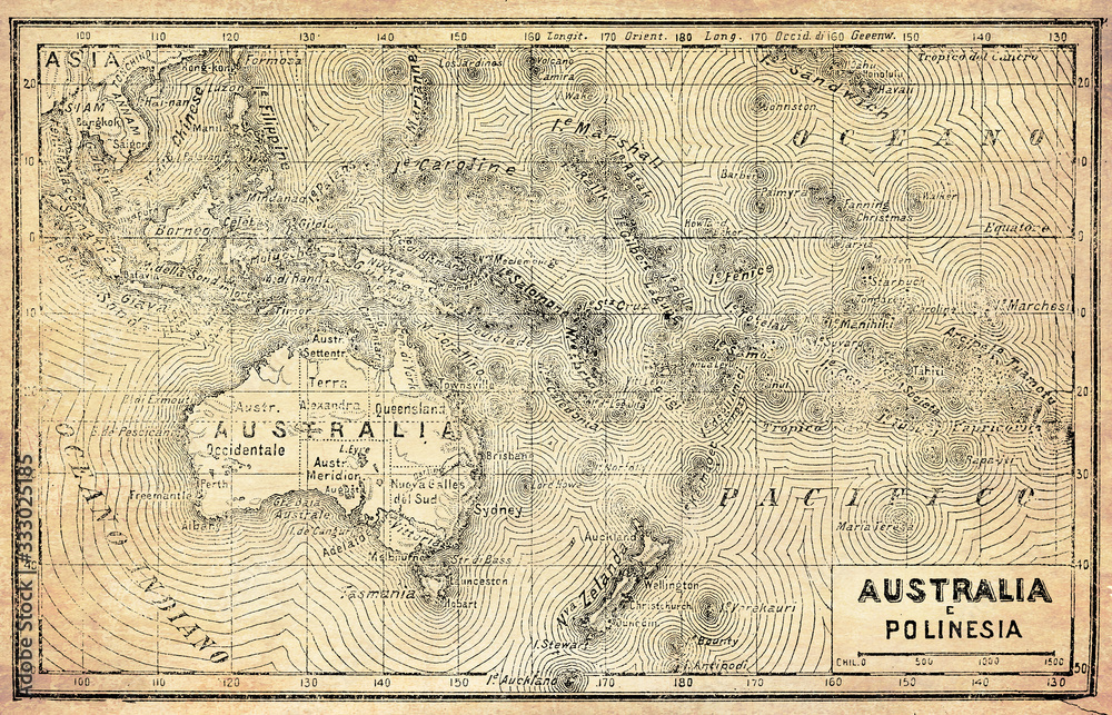 Ancient map of Australia, Polynesia and New Zealand with Italian names and descriptions