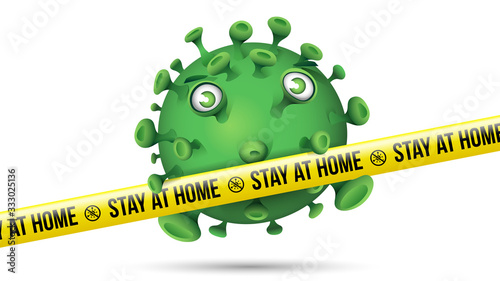 Funny Green Virus Behind Yellow Security Tape - Stay At Home
