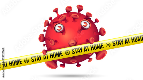 Funny Red Virus Behind Yellow Security Tape - Stay At Home