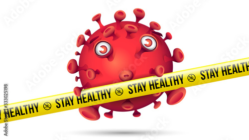 Funny Red Virus Behind Yellow Security Tape - Stay Healthy