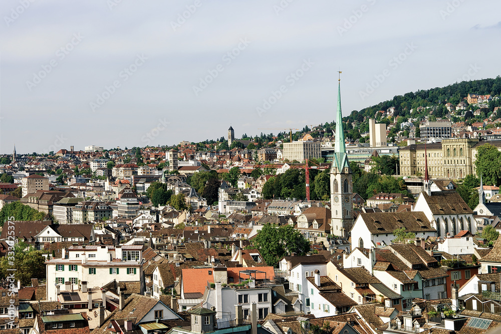 Fraumunster Church and rooftops the old city center Zurich