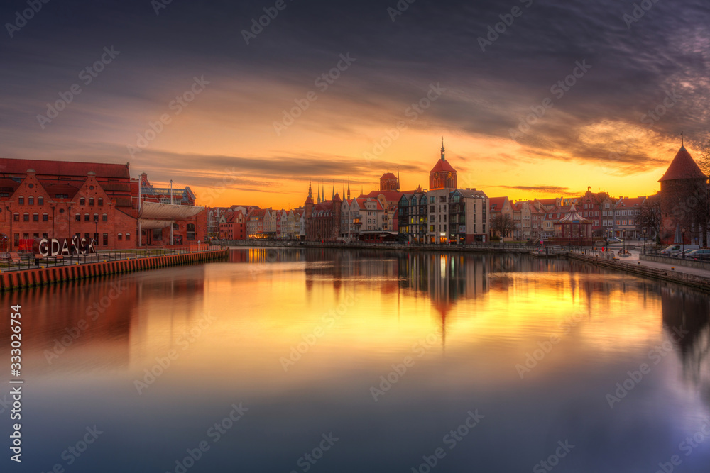 Gdansk with beautiful old town over Motlawa river at sunset, Poland.