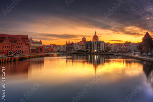Gdansk with beautiful old town over Motlawa river at sunset  Poland.
