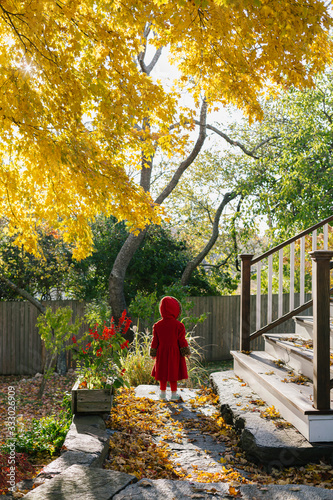 Young Girl In Red Coat with Hood Walking in Autumn Season photo