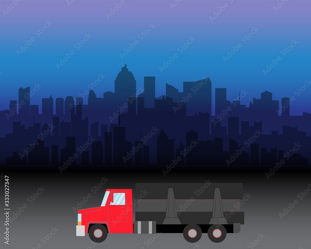 Vector Illustration of delivery truck on the city silhouette. Transportation for shipping and freight goods