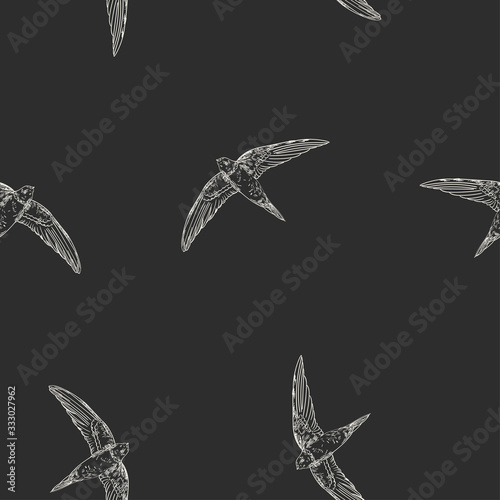 Seamless vector pattern with flying swallows, swifts. Doodle dark background with birds