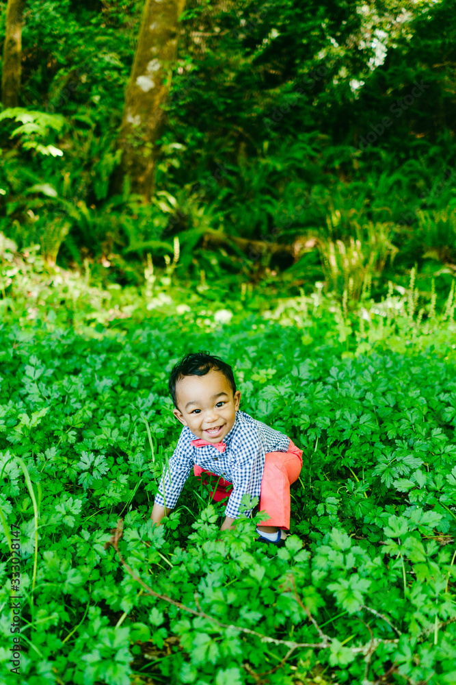 Straight on portrait of a baby boy playing in the grass outdoors Straight on portrait of a baby boy playing in the grass outdoors