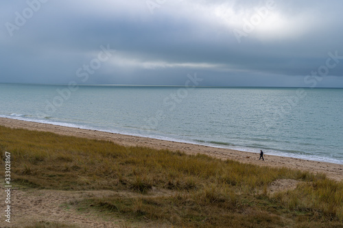 Gouville  France - 12 30 2018  Panoramic view of the sea and the beach
