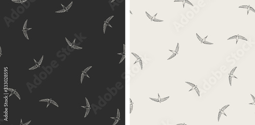 Set of 2 seamless vector pattern with flying swallows, swifts. Doodle dark background with birds