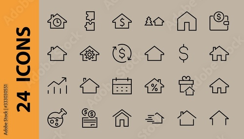 Simple set of line vector home icons. Contains house symbols at interest, infuse house and more. Editable stroke. 480x480 pixels perfect