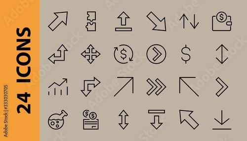 Set of line arrows, directions, arrows, contains icons such as pause, continuation, directly, to the right, Editable stroke. 480x480, On a white background, Vector illustration