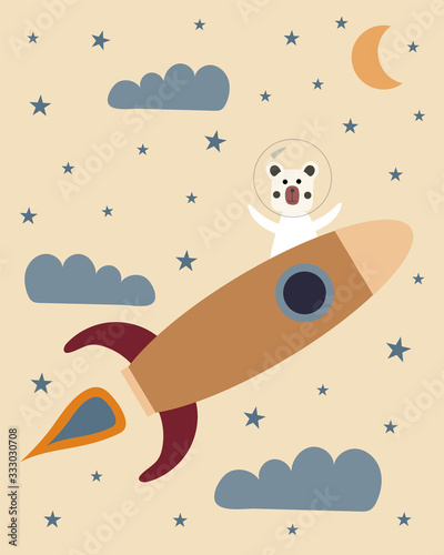 Cute astronaut bear on a space rocket with clouds, stars and the moon as a background