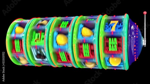 Glossy multi-colored slot machine hitting a 77777 jackpot and exploding golden coins. UHD - 4K - 3D Rendering