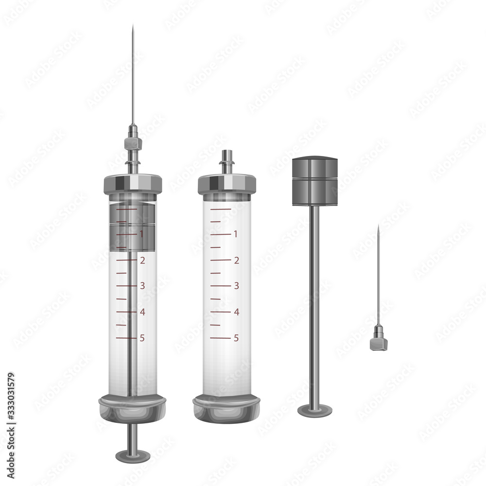 Disassembled, iron syringe isolated on a White background, reusable syringe for injection, vector eps 10 illustration Disassembled, iron syringe isolated on a White background, reusable syringe for injection, vector eps 10 illustration