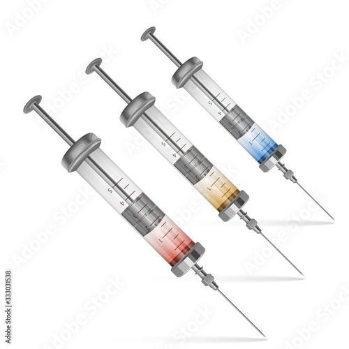 3D syringe with liquid on light background, iron, reusable syringe, vector illustration