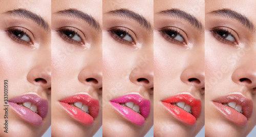 Collection: eyes and lips red, purple hues. The palette of lipsticks. Close-up photo