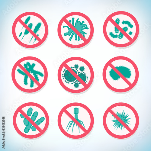 Coronavirus. Stop coronavirus. Coronavirus wuhan sars illness. Antibacterial sign set. Bacteria kill symbol. Control infection. Germ kill. Infection icon. Pathogen respiratory influenza covid cells.