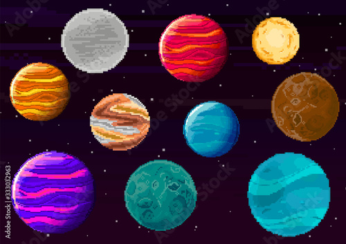 Set of pixel planets for game. Vector of starry sky in retro pixel art style. Planet, Jupiter, spaceship. Pixel art game location. 8 bit background.