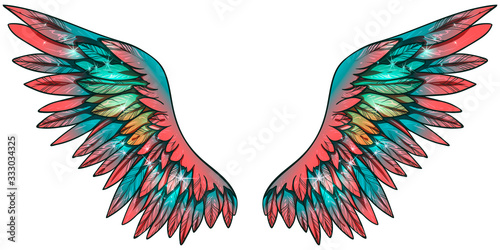 Beautiful magic glowing shiny glittery gradient pink turquoise vector wings