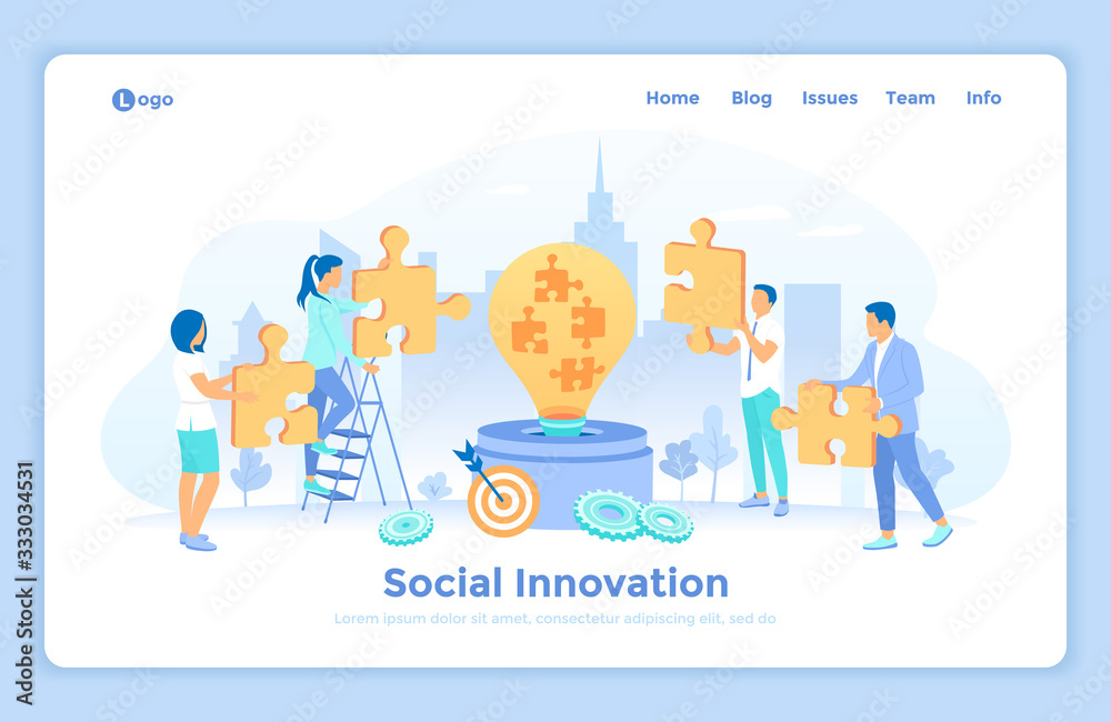 Social Innovation, Idea, Strategy, Technology, Communication, Teamwork, Work together. People put puzzles into a big light bulb. landing web page design template decorated with people characters.