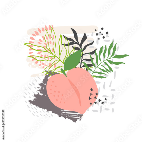 Modern abstract peach apricot vector leaves background. Hand draw