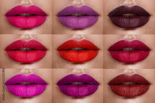 Collection of lips colorful hues. The palette of lipsticks. Close-up