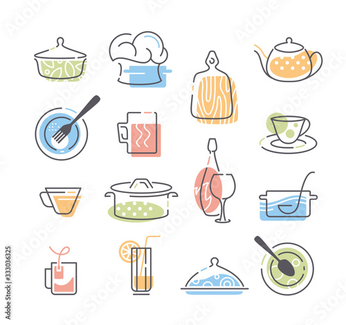 Set of kitchen utensils and cookware icons.