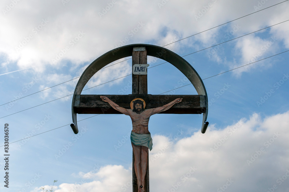 Roadside shrine, cross with wooden cross in Hungary Roadside shrine, cross with wooden cross in Hungary