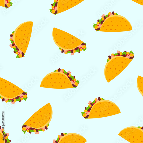 Cute cartoon seamless pattern with color flat mexican tacos on light blue background. Tasty fastfood texture for textile, cafe and restaurant wrapping paper design, covers, banners, wallpaper