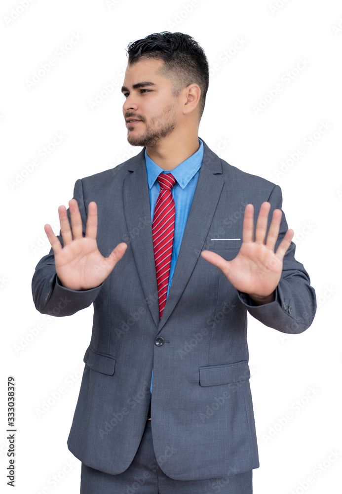 Mexican hipster businessman with suit rejecting offer Mexican hipster businessman with suit rejecting offer